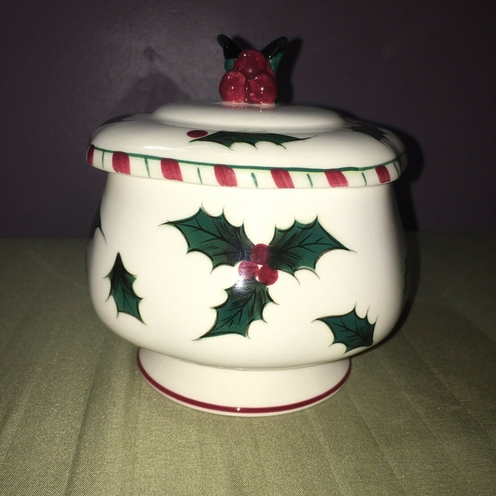 Vintage 1955 Lefton Candy Cane Holly Bowl and Lid